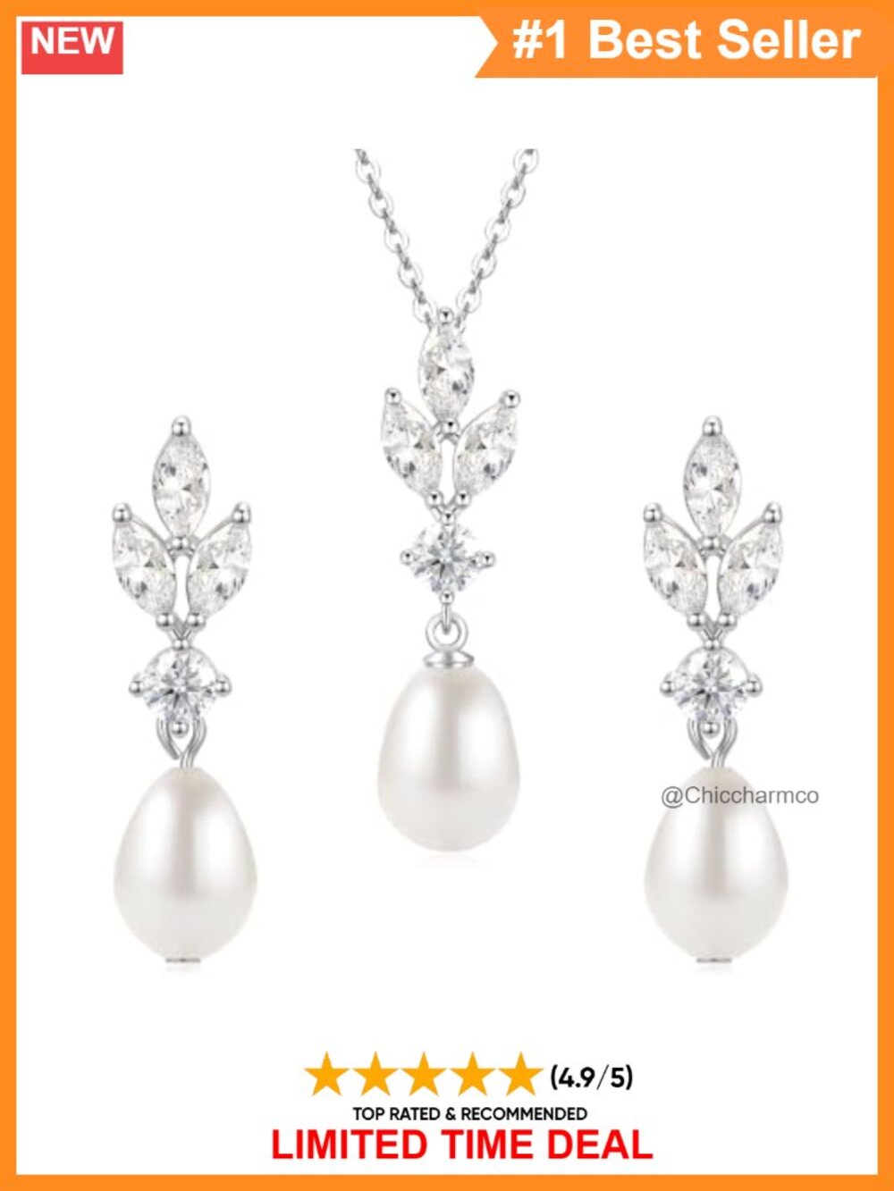 Freshwater Pearl & Moissanite 14K Gold Plated Jewelry Set Necklace Earrings